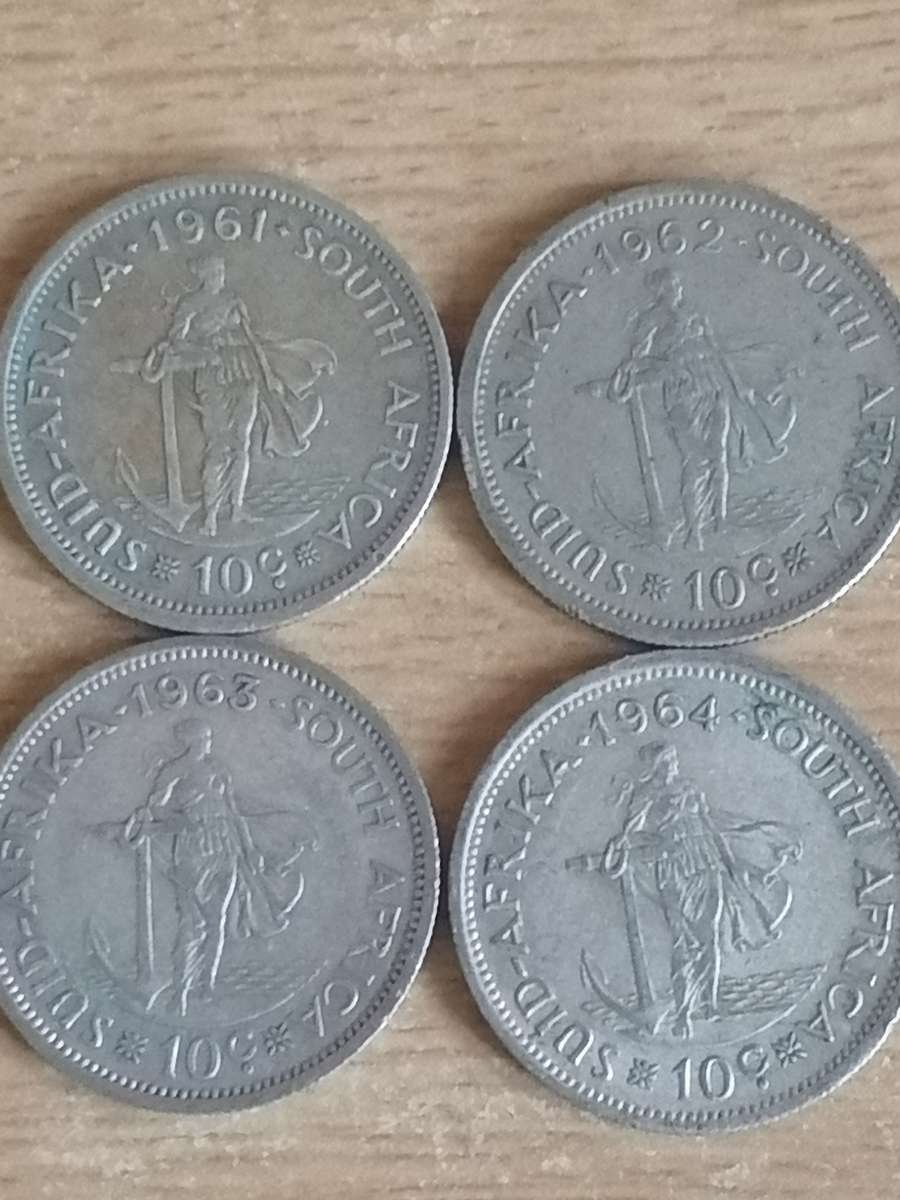 SA UNION SILVER COINS - SET OF 4x 10 CENTS (1961 - 1964) - USED CONDITION - SEE BELOW FOR INFO.