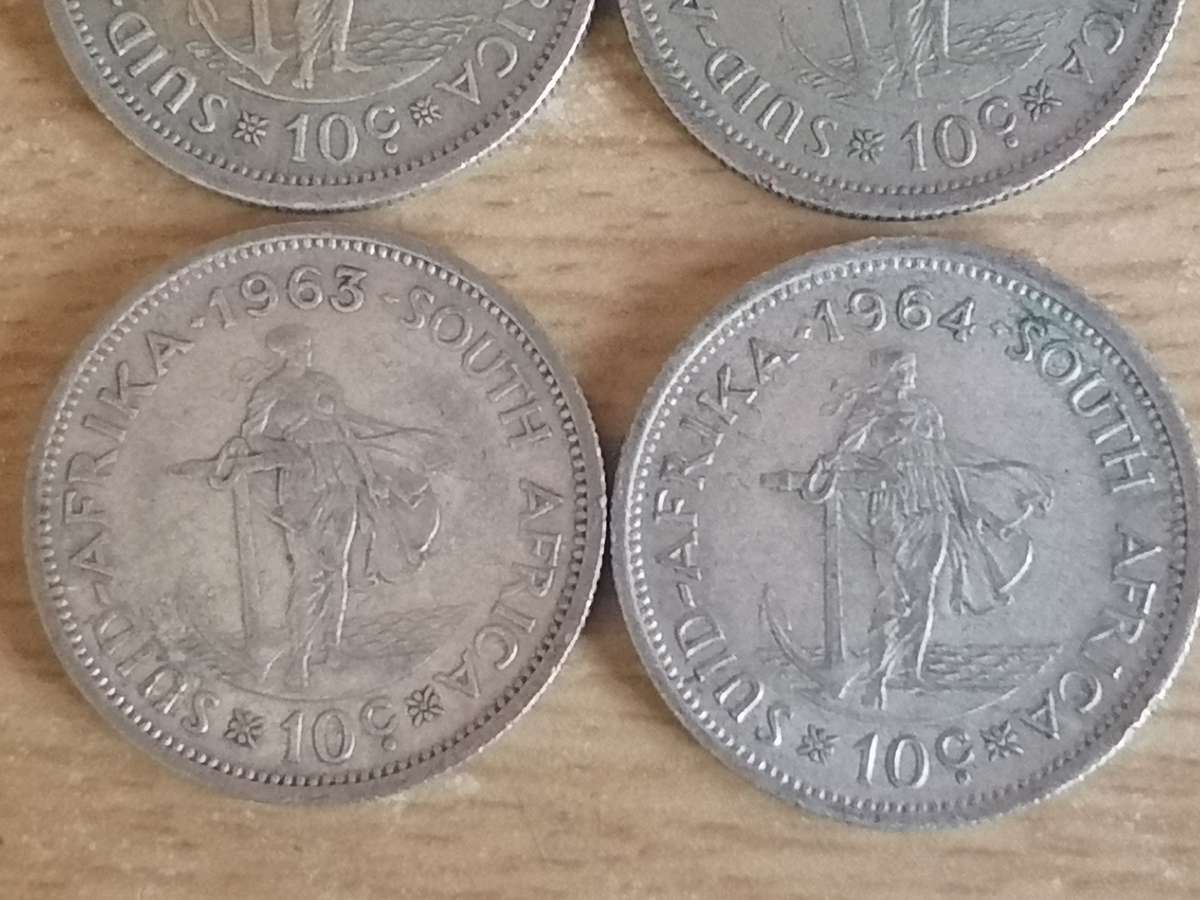 SA UNION SILVER COINS - SET OF 4x 10 CENTS (1961 - 1964) - USED CONDITION - SEE BELOW FOR INFO.