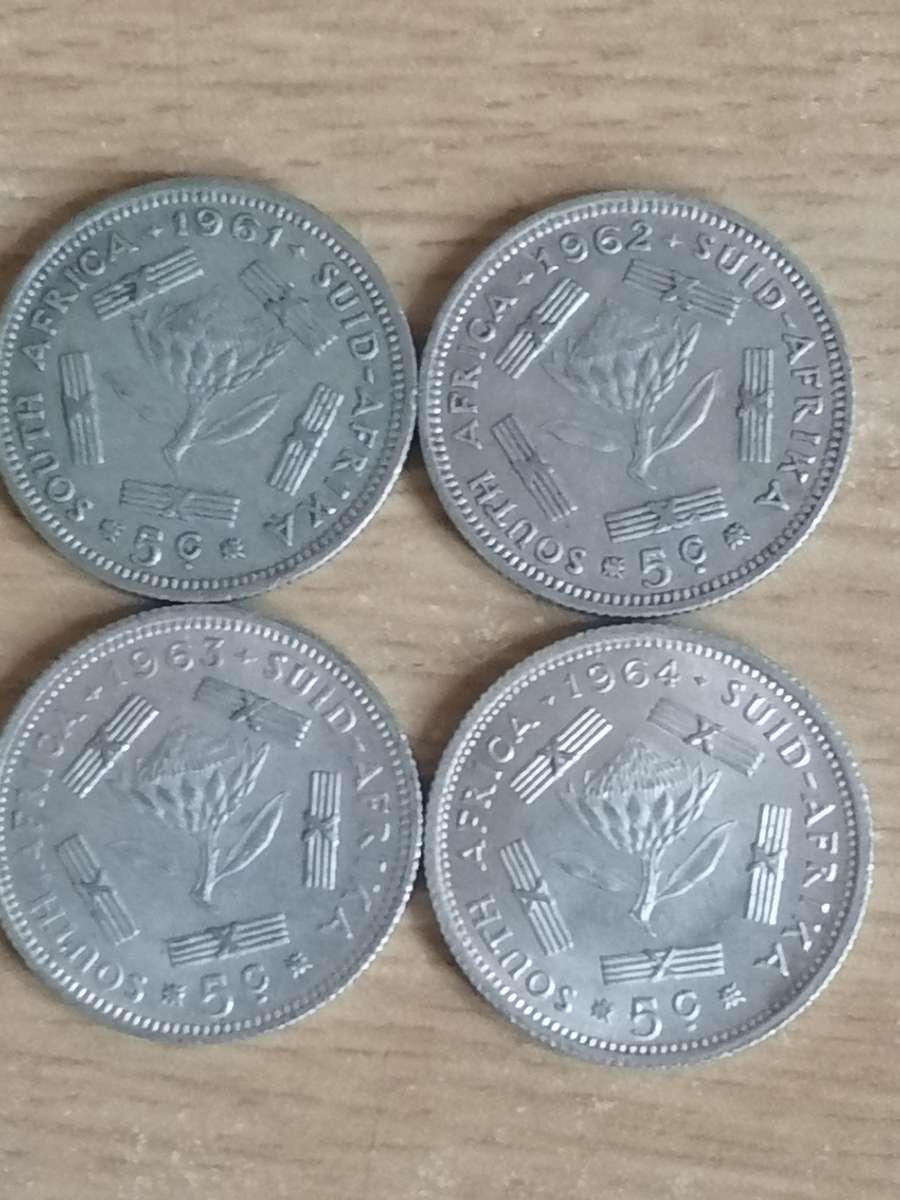 SA UNION SILVER COINS - SET OF 4x 5 CENTS (1961 - 1964) - USED CONDITION - SEE BELOW FOR INFO.