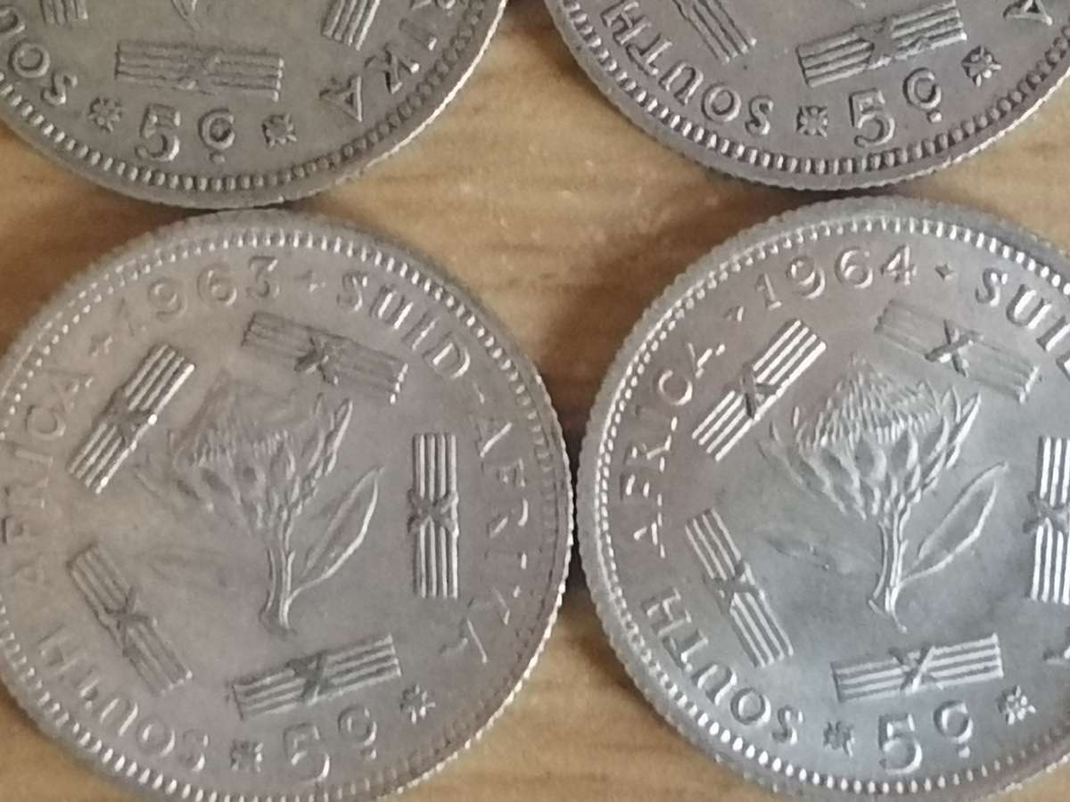 SA UNION SILVER COINS - SET OF 4x 5 CENTS (1961 - 1964) - USED CONDITION - SEE BELOW FOR INFO.
