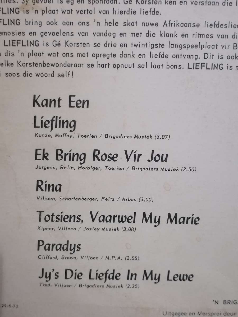 Ge Korsten, Liefling, Vinyl in very good condition .