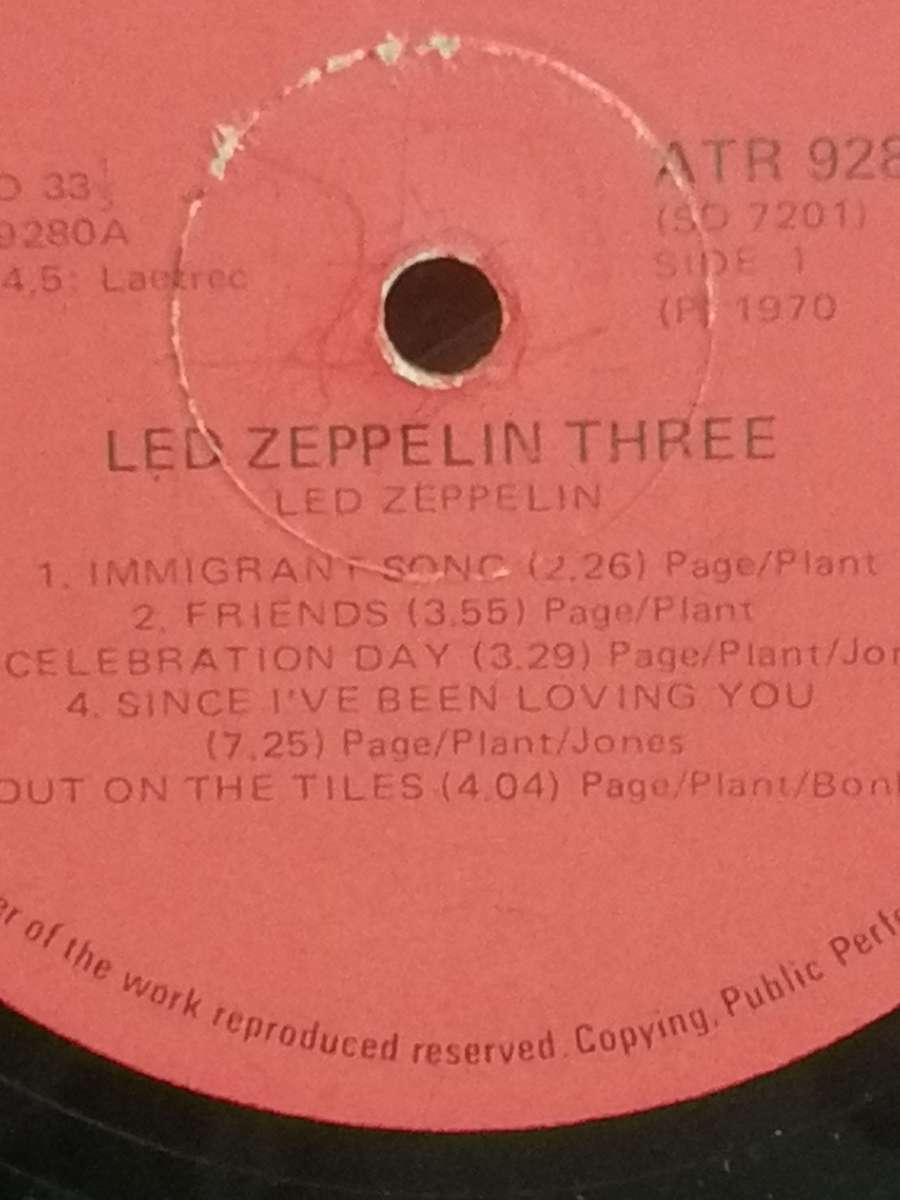 Led Zepplin Three, vinyl in very good condition.