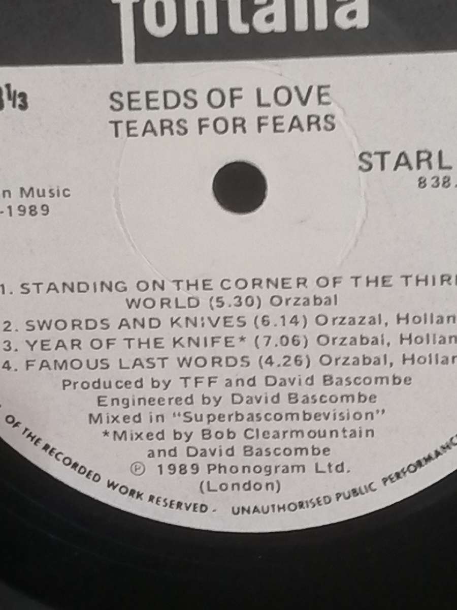 Tears for Fears, Seeds of Love, vinyl in very good condition.