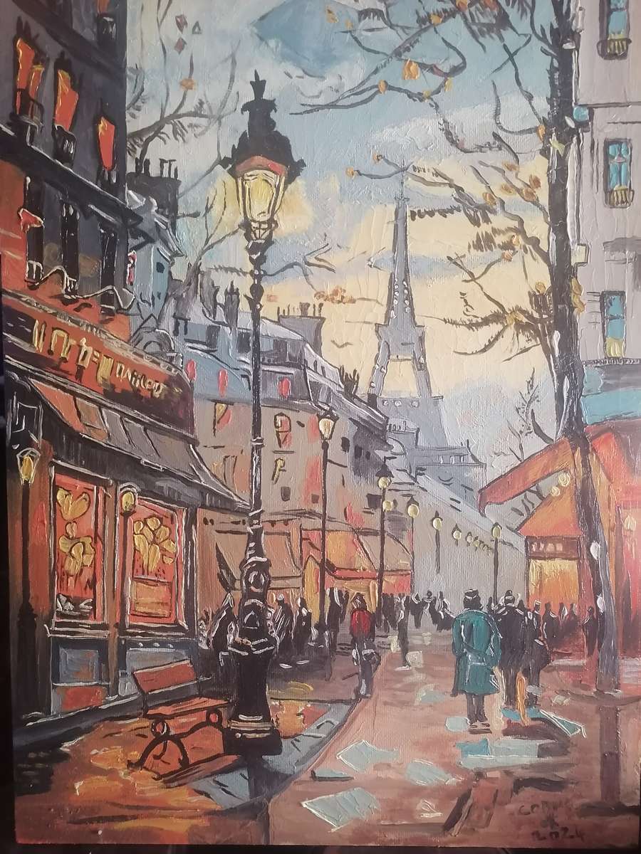 Stunning oil painting on board, Night life in Paris' 2024 by Cobus.