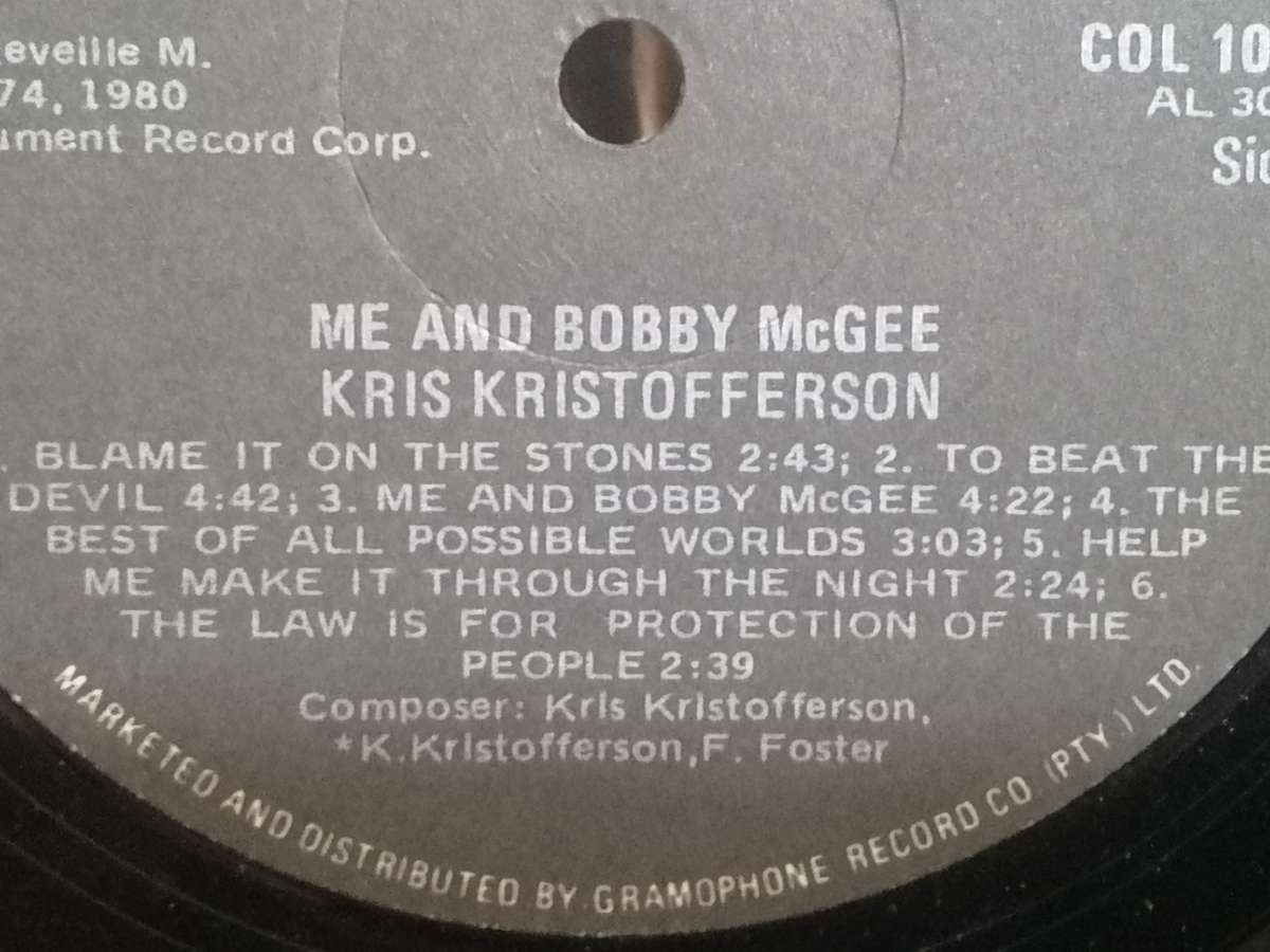 Kris Kristofferson, me and Bobby Mcgee, vinyl.