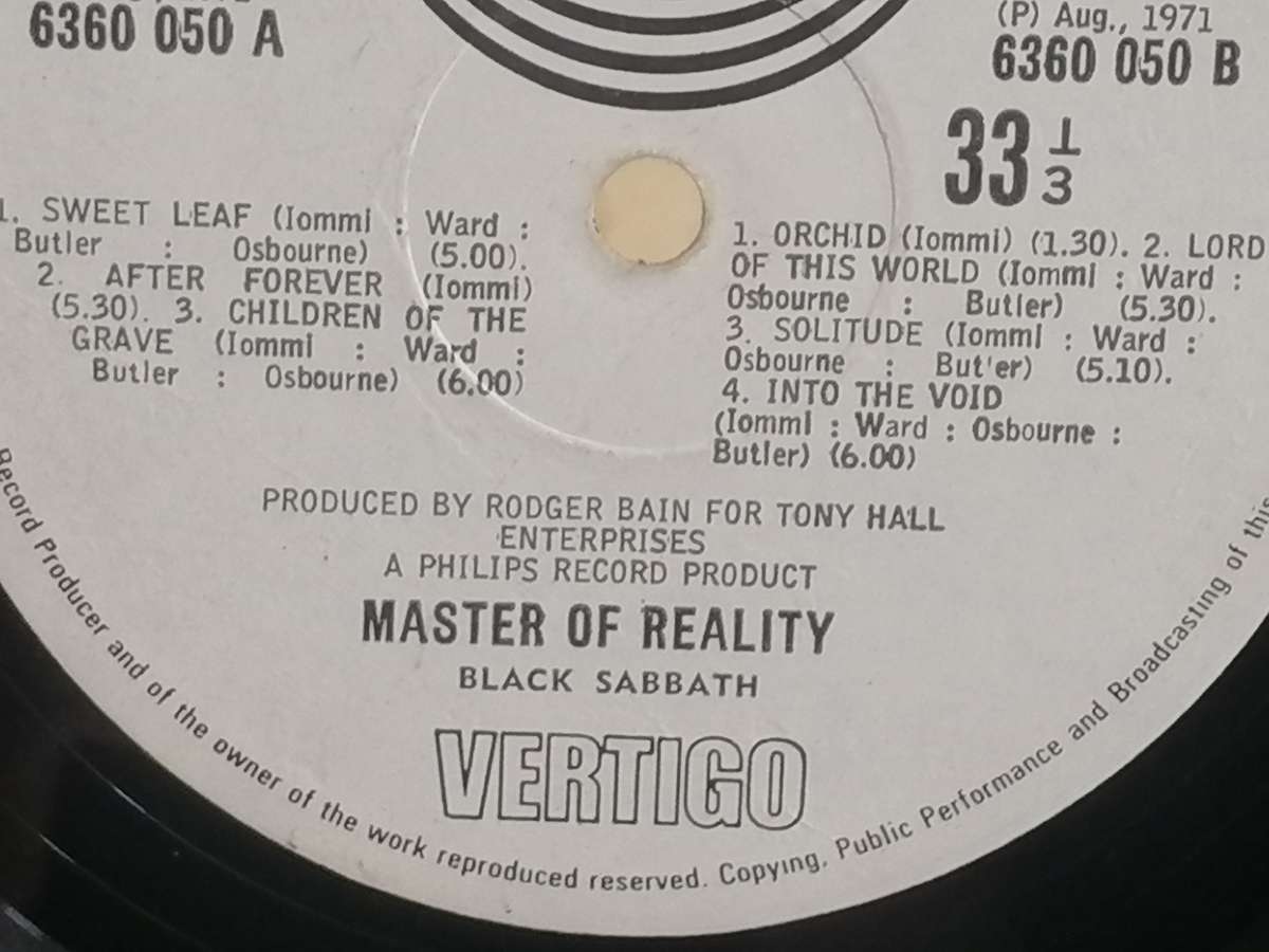 Black Sabbath, Masters of Reality, vinyl very good.
