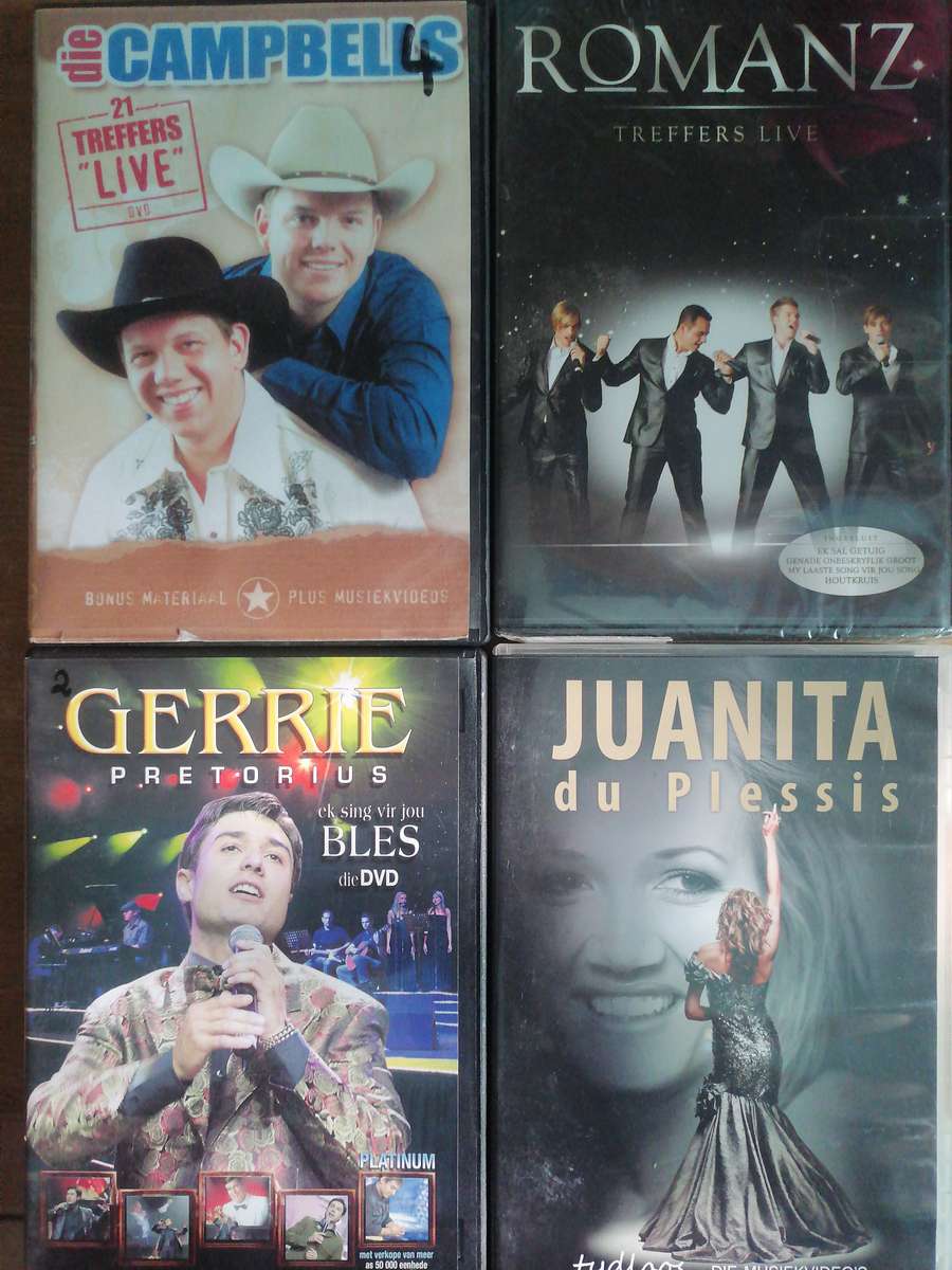 4x Afrikaans Music DVD's, Juanita, Gerrie, Romanz & Campbells, in very good condition.
