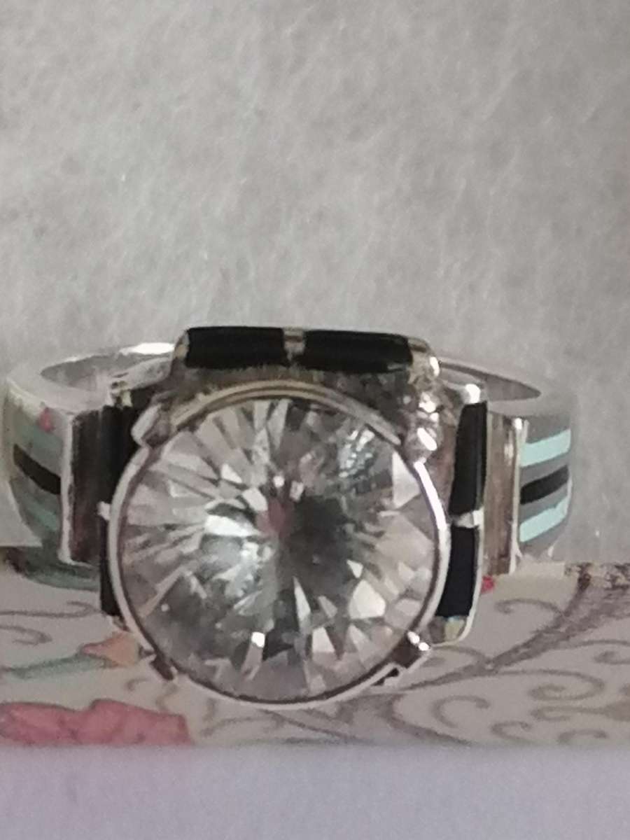 Vintage white Topaz & Enamel 925. silver ring - Size O.