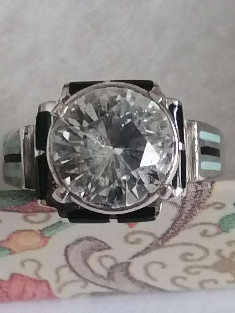 Vintage white Topaz & Enamel 925. silver ring - Size O.