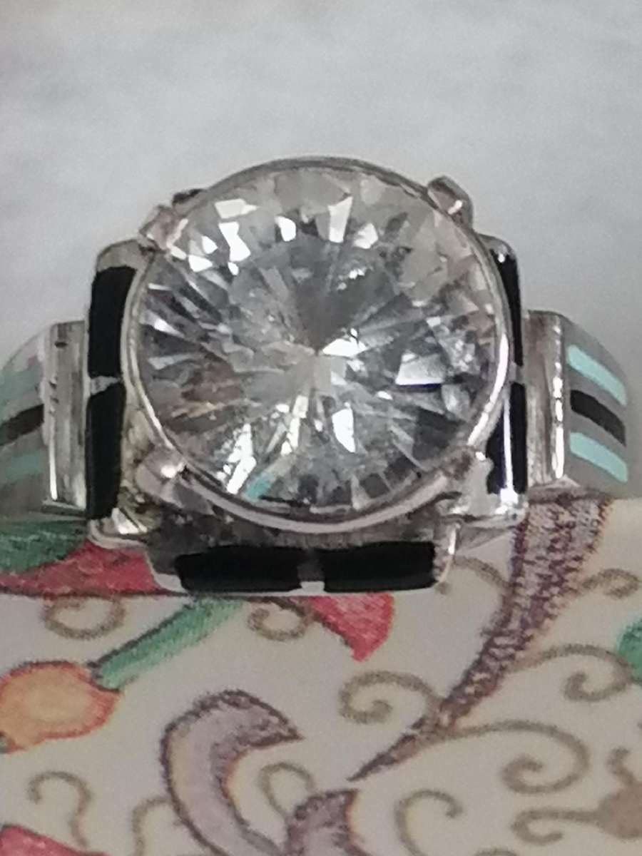 Vintage white Topaz & Enamel 925. silver ring - Size O.