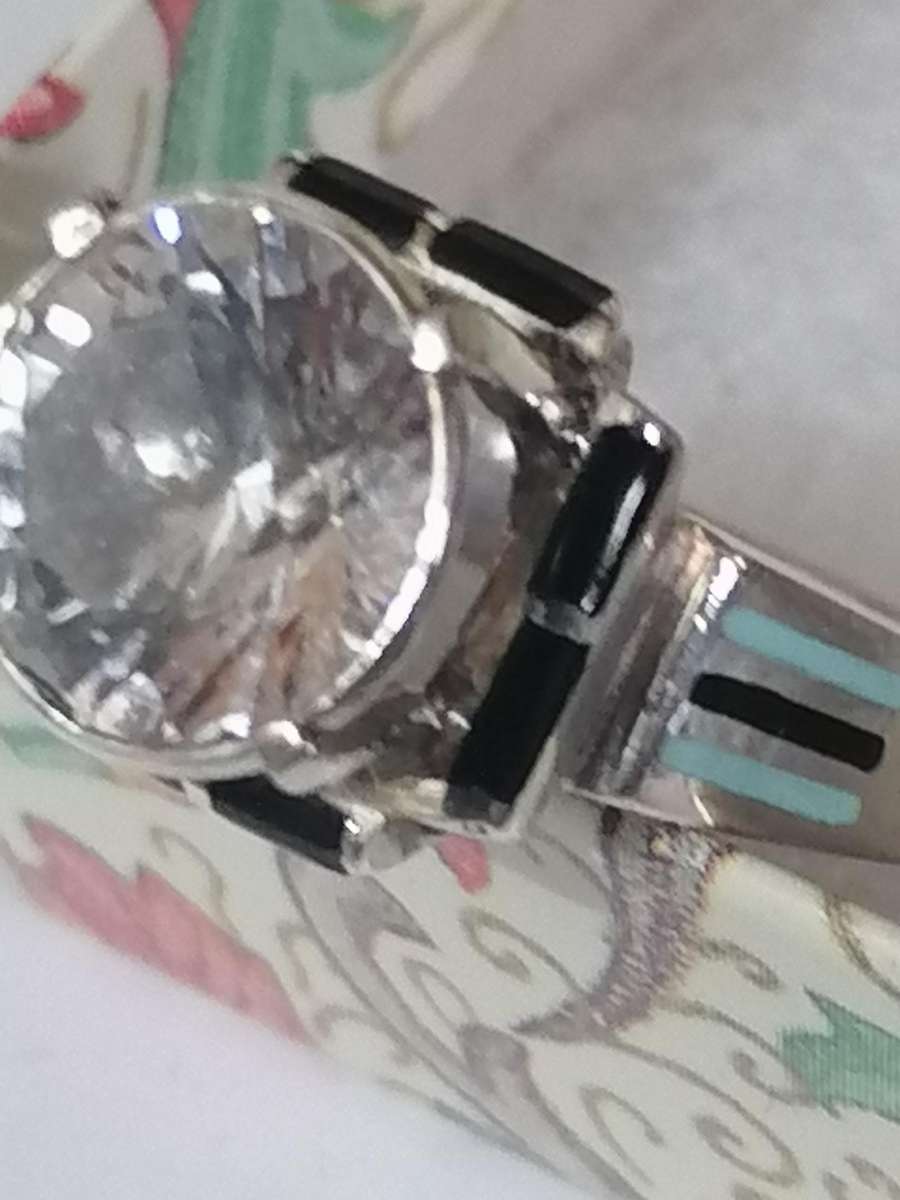 Vintage white Topaz & Enamel 925. silver ring - Size O.