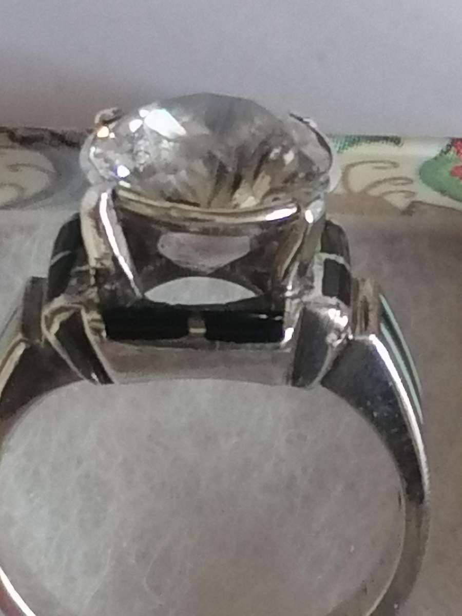 Vintage white Topaz & Enamel 925. silver ring - Size O.