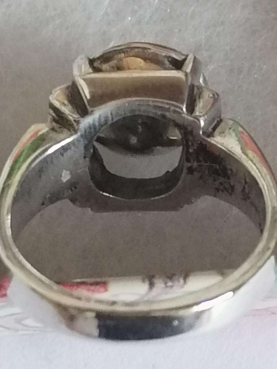 Vintage white Topaz & Enamel 925. silver ring - Size O.