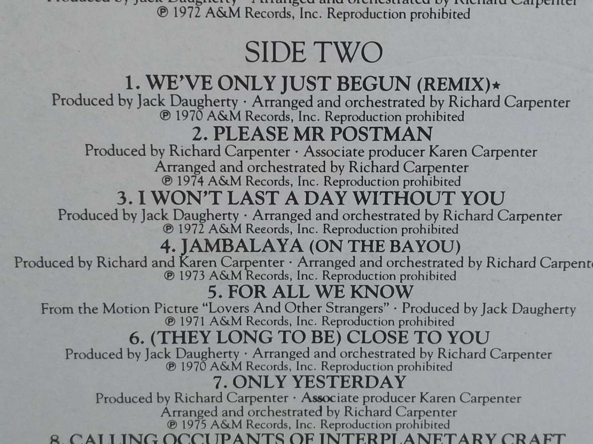 The Carpenters, Only Yesterday, vinyl very good+.