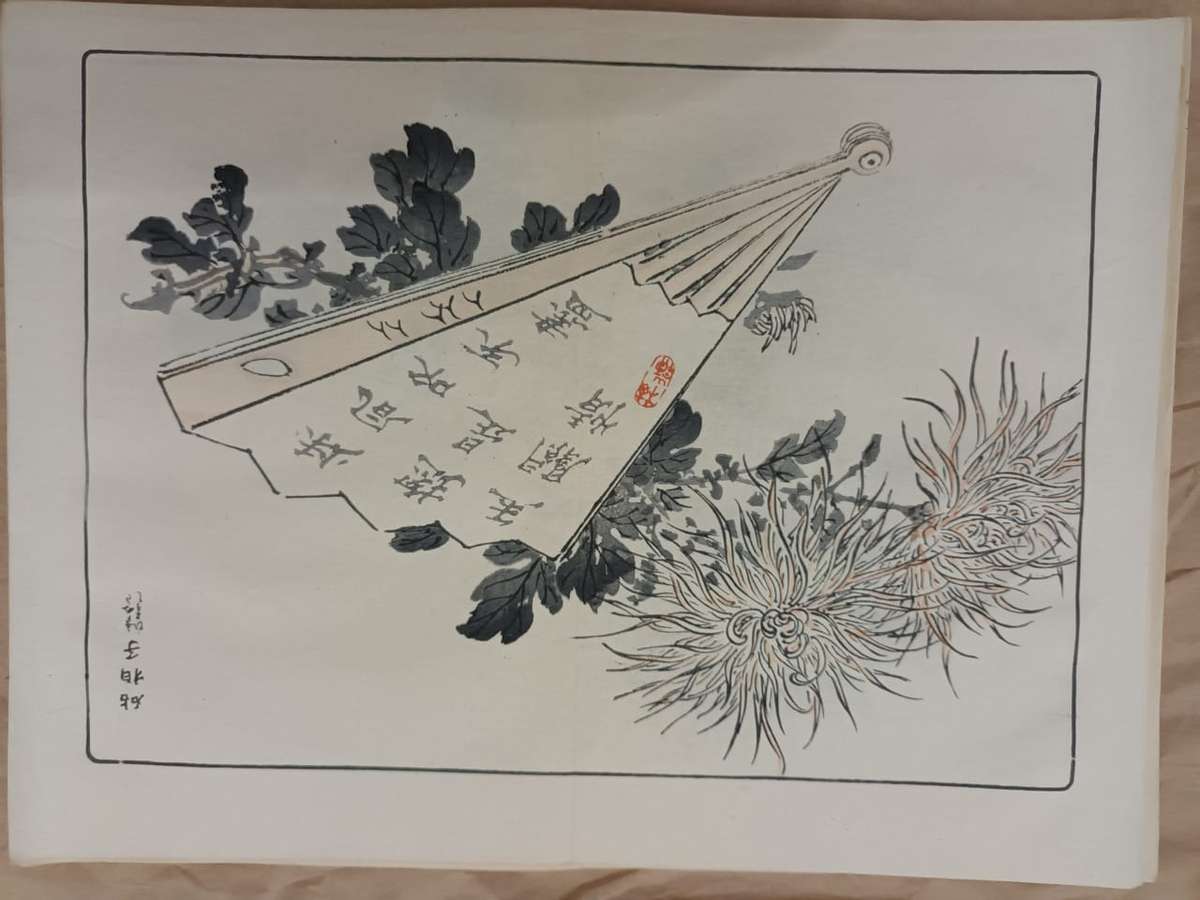 12 beautiful original Japanese woodblock prints of chrysanthemums, 1890s.