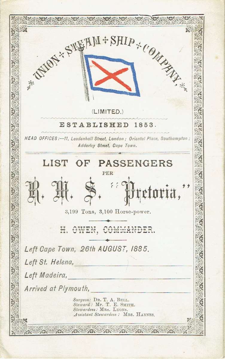 Union Steam Ship Company. List of Passengers per R.M.S. "Pretoria". 1885