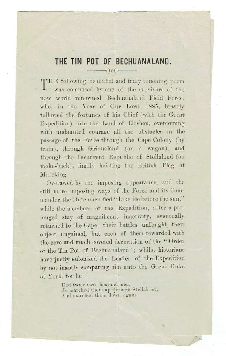 The Tin Pot of Bechuanaland. Very rare Vryburg printing? 1885?