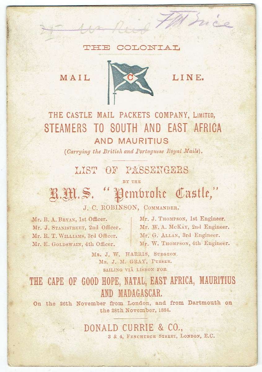R.M.S. Pembroke Castle (Castle Mail Packets) List of Passengers. 1884