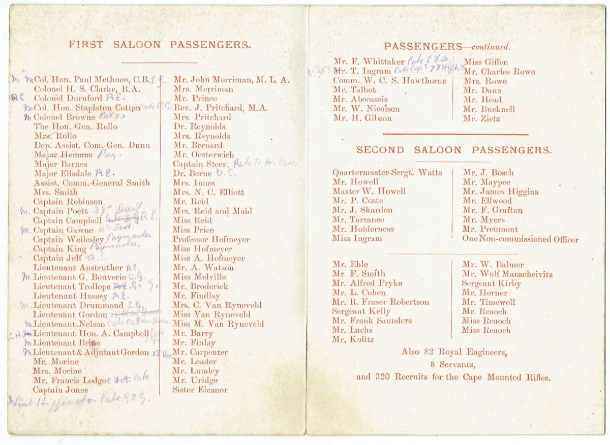 R.M.S. Pembroke Castle (Castle Mail Packets) List of Passengers. 1884