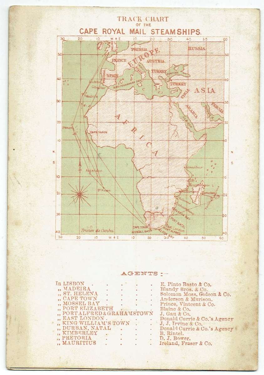 R.M.S. Pembroke Castle (Castle Mail Packets) List of Passengers. 1884
