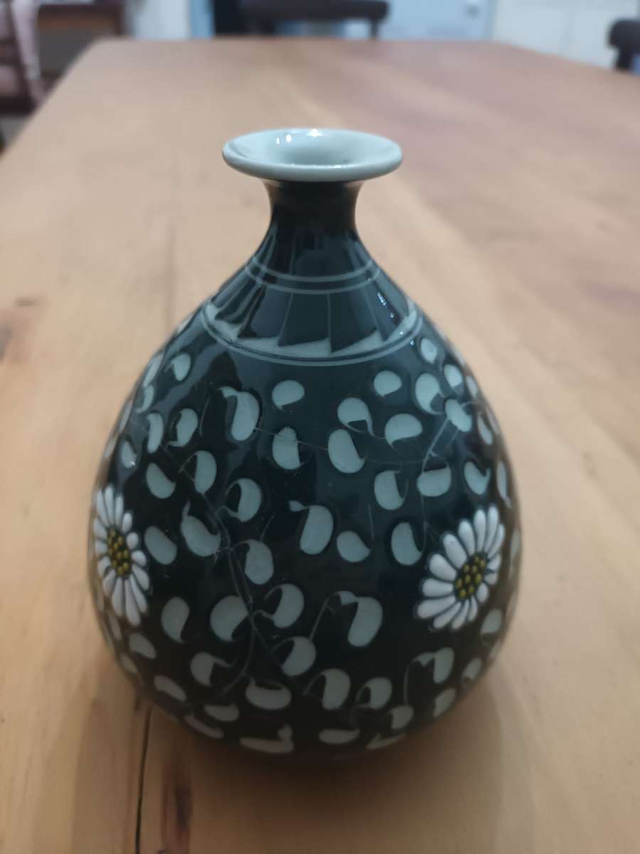 Korean Hand-Painted Celadon Floral Art Pottery Vase