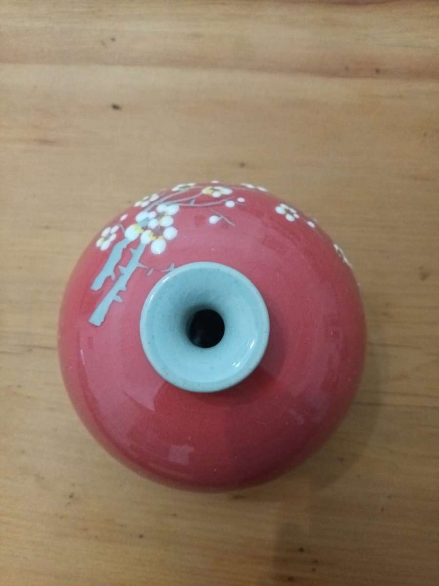 Korean Hand-Painted Celadon Cherry Blossom Art Pottery Vase