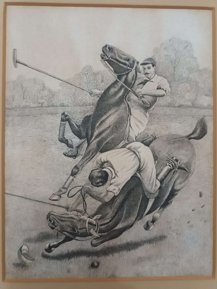 Old pen-and-ink drawing of a scene during a game of polo