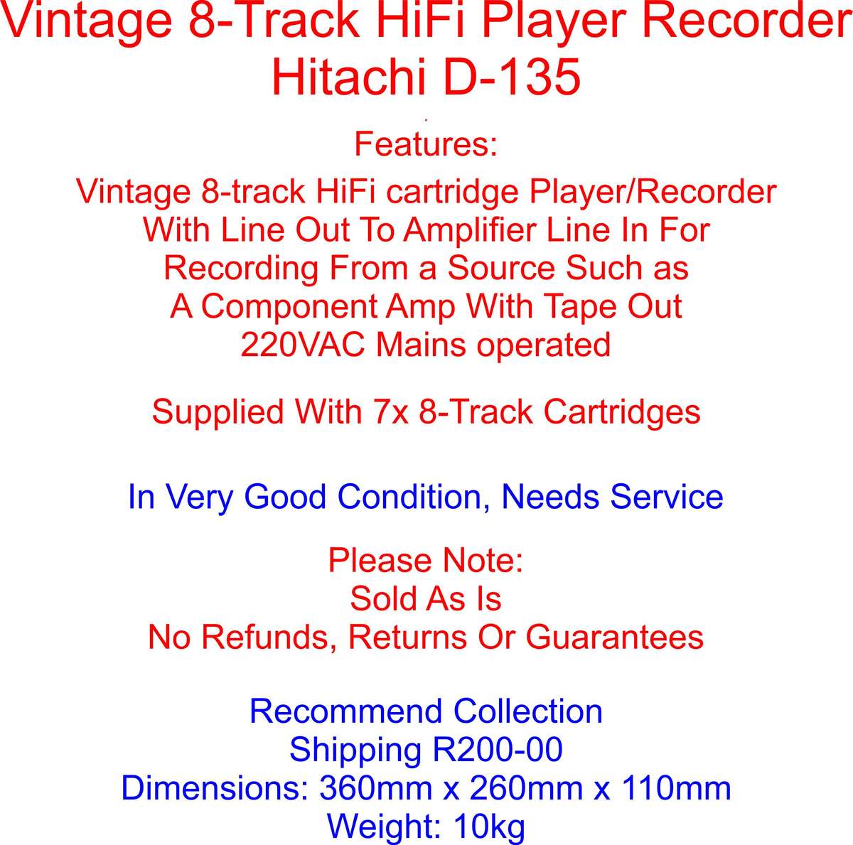 Vintage 8-Track HiFi Player /Recorder Tape Machine Hitachi D-135