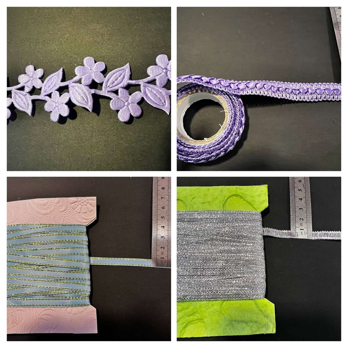 Assorted trims - ribbon (turquoise and silver), trim (purple)