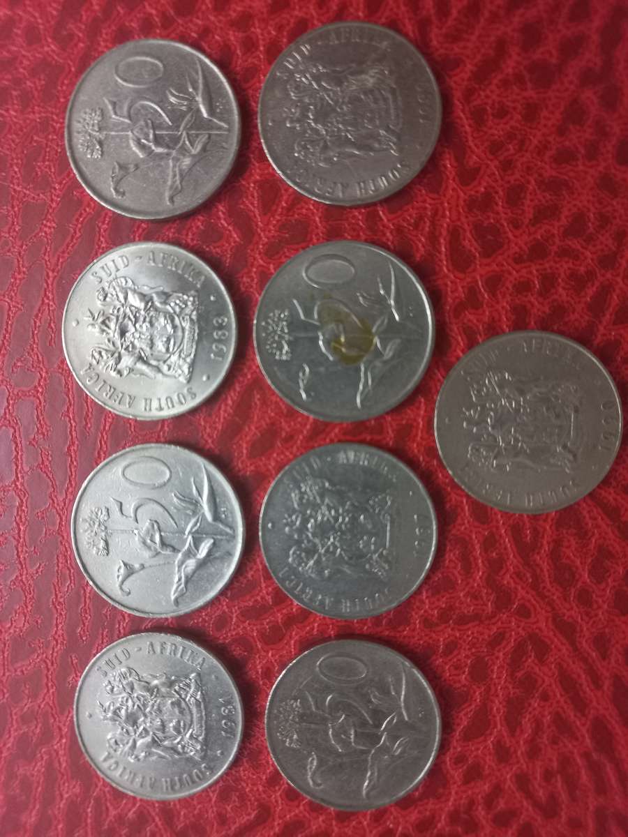 South Africa 50c coins (1981,82,83,84,86,87,88,89,90)Sell per coin.