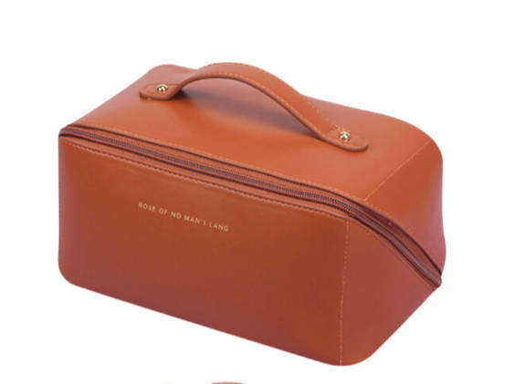 Large Capacity Faux Leather Cosmetics Bag with Multiple Pockets - Tan