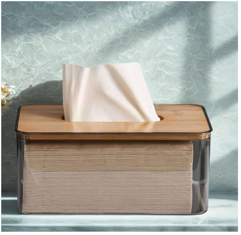 Acrylic Tissue Box with Bamboo Lid  Transparent Grey Decorative Tissue Holder