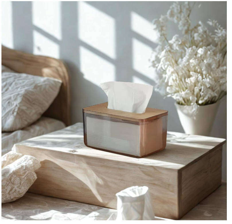 Acrylic Tissue Box with Bamboo Lid  Transparent Grey Decorative Tissue Holder