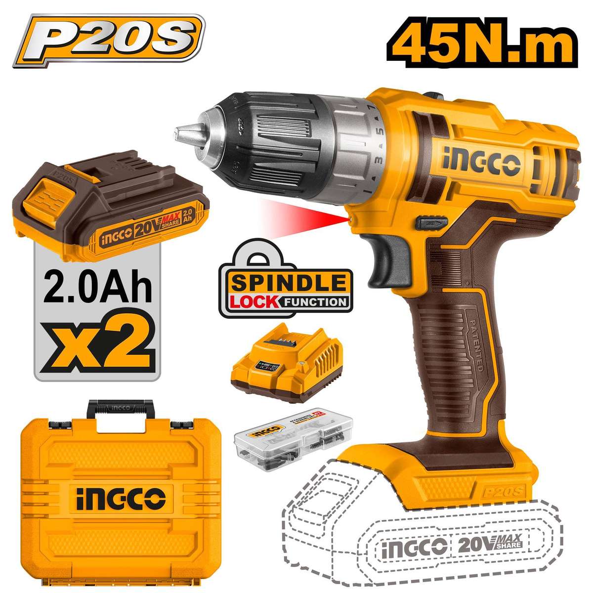 INGCO 20V Cordless Lithium-Ion Drill Kit Incl Batteries & Charger  CDLI200528
