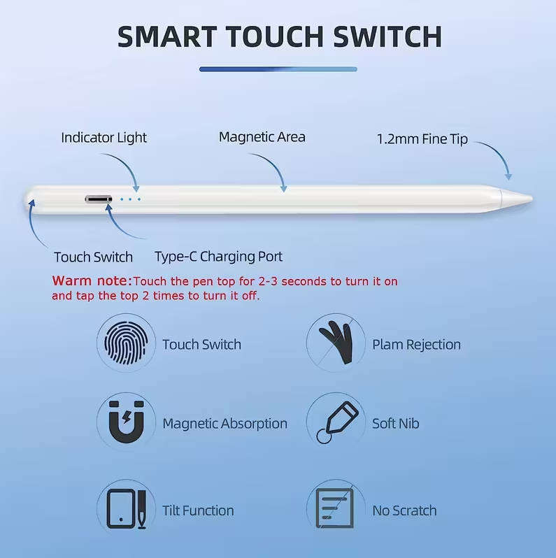 Universal stylus pen for iOS/Android/Windows with palm rejection and tilt sensitivity