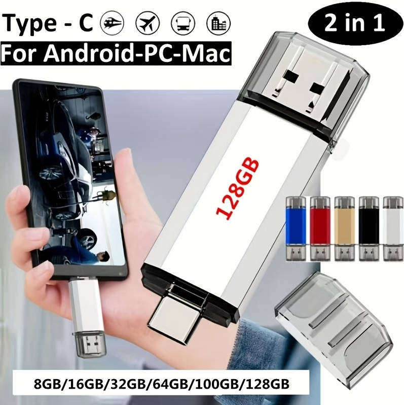 High-Speed Dual Interface USB Flash Drive 128 GB Dual Type-C Thumb Drive  OTG Flash Drive - Silver