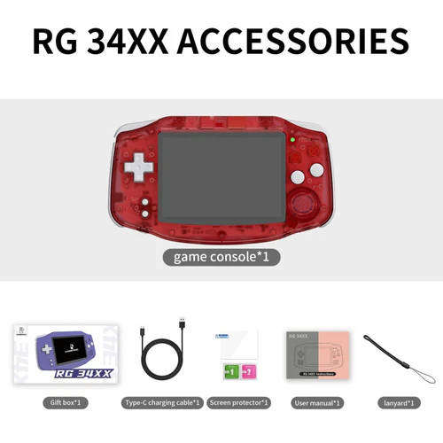 Anbernic RG 34XX Portable Retro Handheld Game Console 64GB Transparent Red