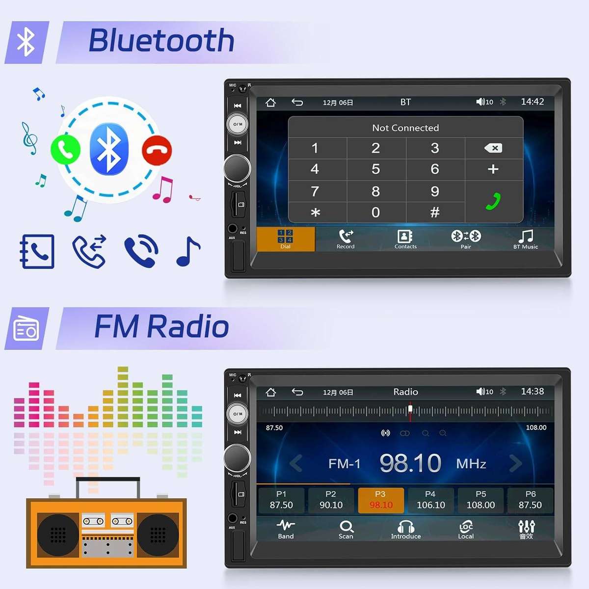 7" Car Touch Screen Radio, Wireless Carplay, Wireless Android Auto, BT, USB, SD.