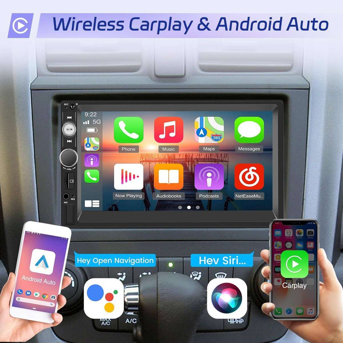 7" Car Touch Screen Radio, Wireless Carplay, Wireless Android Auto, BT, USB, SD.