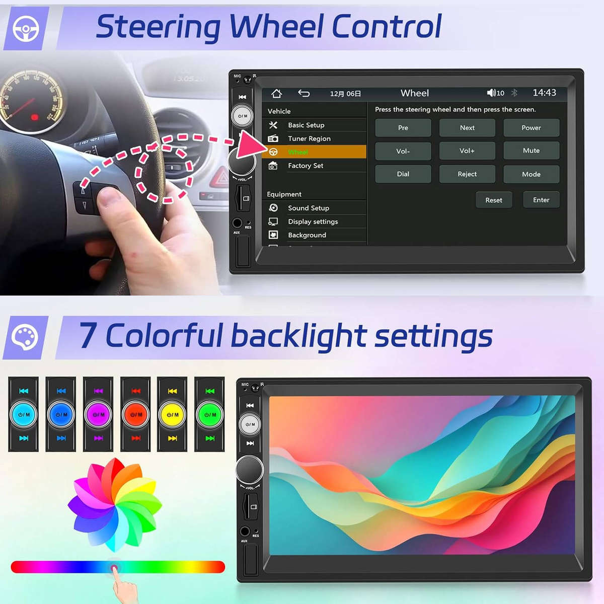 7" Car Touch Screen Radio, Wireless Carplay, Wireless Android Auto, BT, USB, SD.