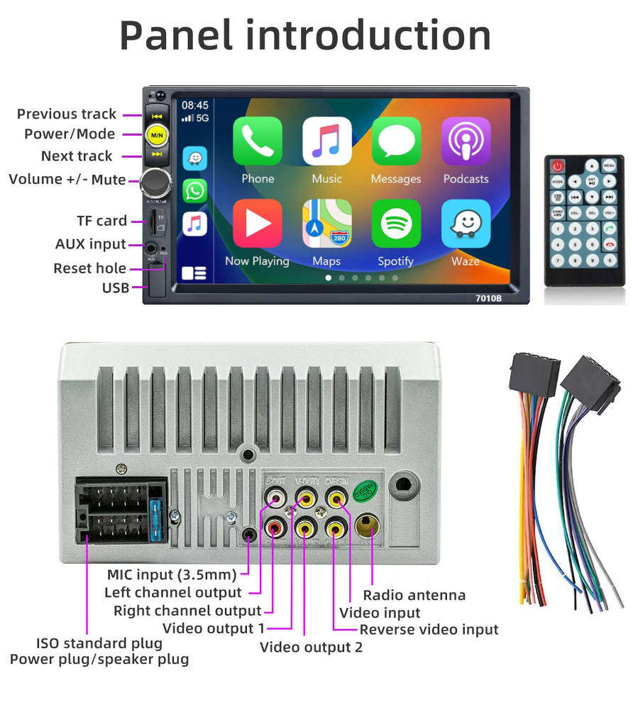 7" Car Touch Screen Radio, Wireless Carplay, Wireless Android Auto, BT, USB, SD.