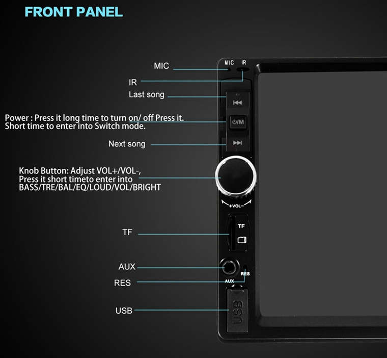 7" Touch Screen Car MP3/MP4 Video Player. Bluetooth, Handsfree, USB, SD, Aux, FM Radio