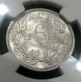 1892 ZAR Sixpence (6d), NGC graded AU58, great coin!