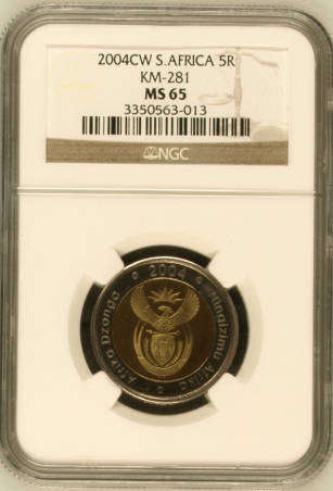2004 'Oom Paul' R5 with Coin World mintmark, NGC graded MS65