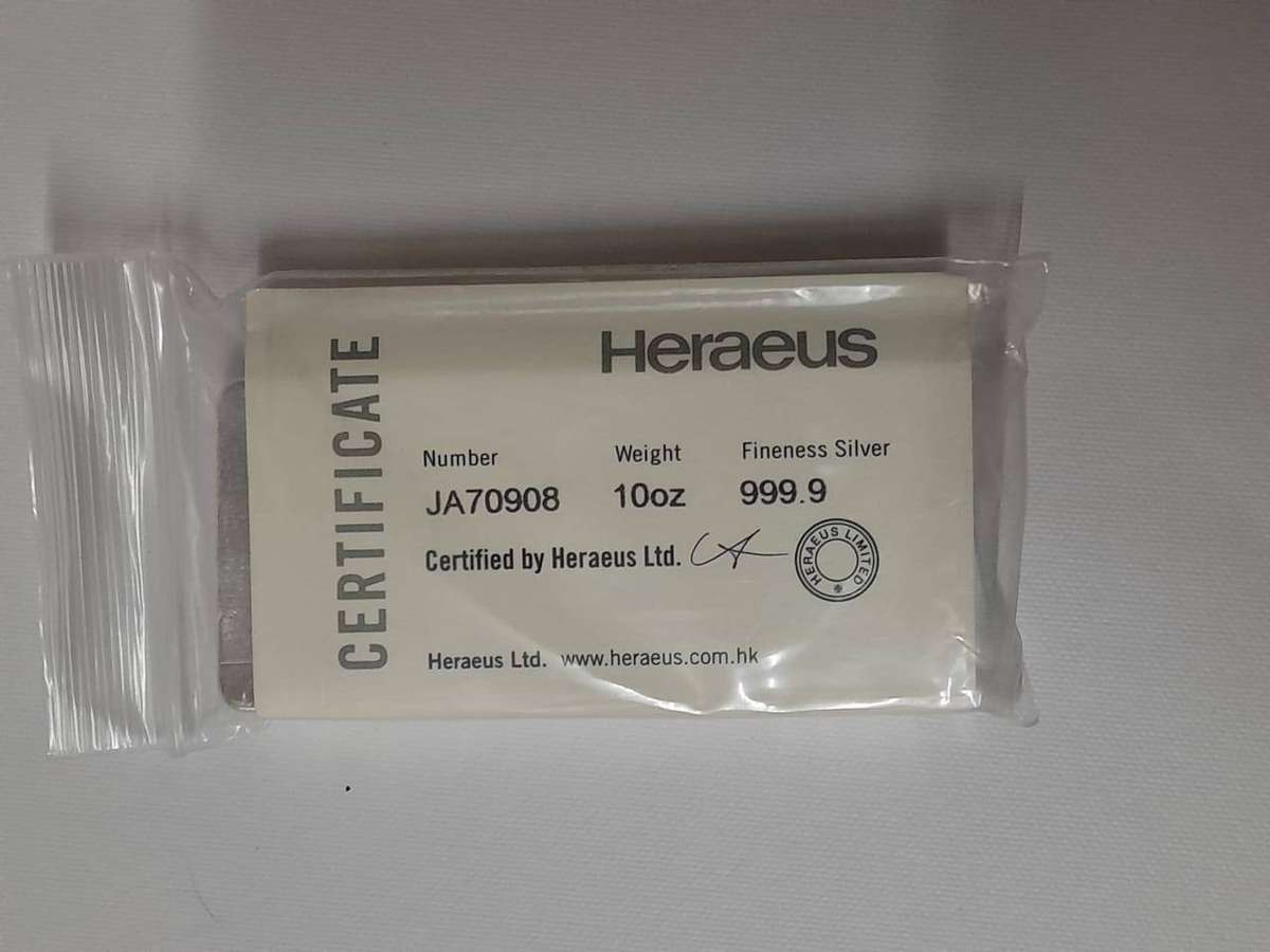 Heraeus 10oz poured Silver Bar 9999 pure with certificate