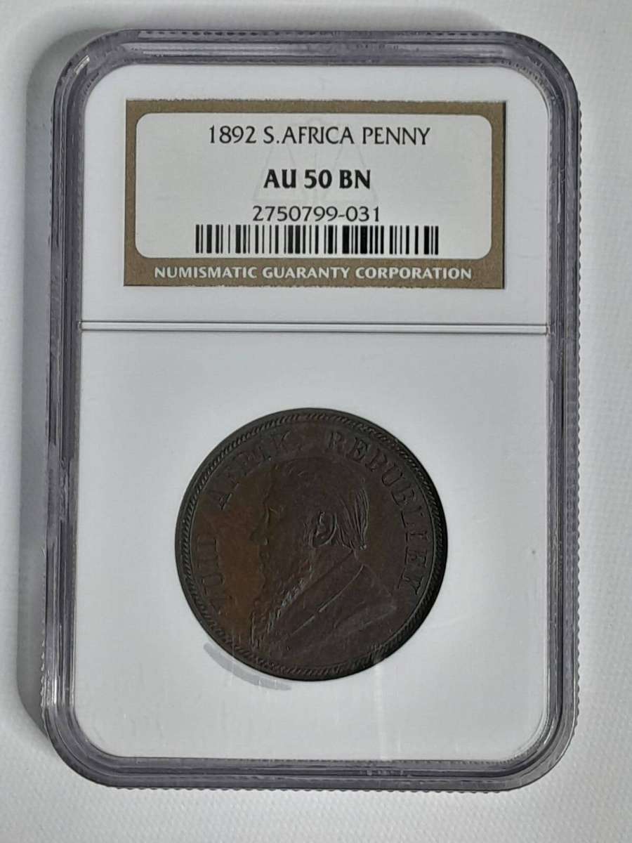 Paul Kruger ZAR 1892 Penny Graded NGC AU50 BN