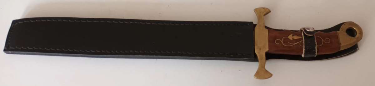 Steel Sword with Wood and Brass Handle.  Genuine Leather Pouch. Length 46cm.