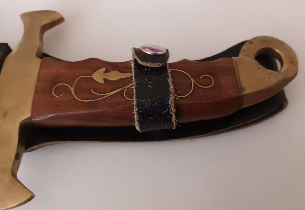 Steel Sword with Wood and Brass Handle.  Genuine Leather Pouch. Length 46cm.