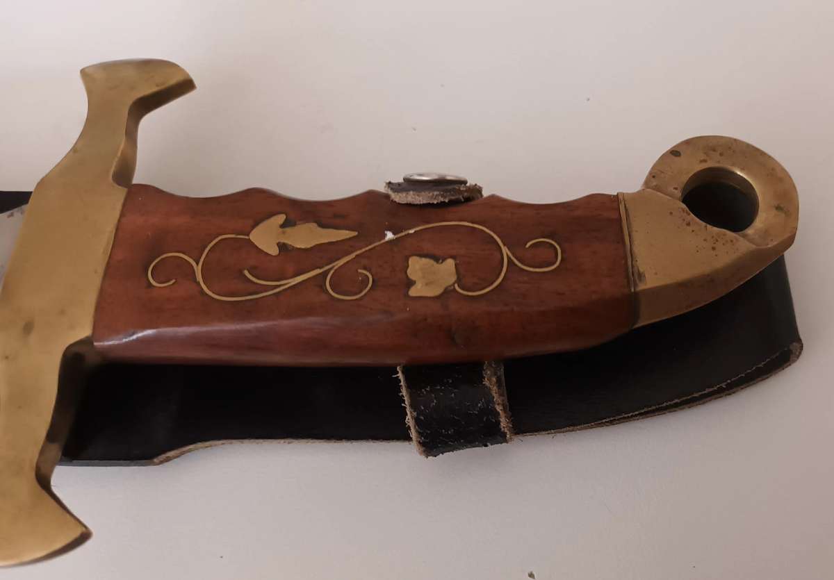 Steel Sword with Wood and Brass Handle.  Genuine Leather Pouch. Length 46cm.