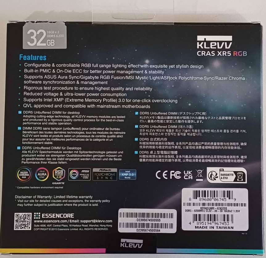 KLEVV CRAS XR5 RGB 32GB Kit (16GB x2) 6200MHz DDR5 Kit